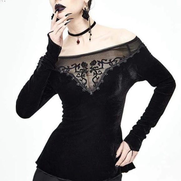 Devil Fashion Tops - Devil Fashion Gothic Velvet Off Shoulder Top XS S Black Sheer Lace NWT